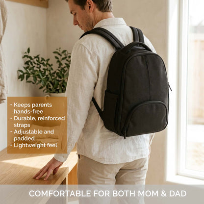 A man wearing a black backpack from the back in a bright indoor setting, with text overlays highlighting product features and comfort.