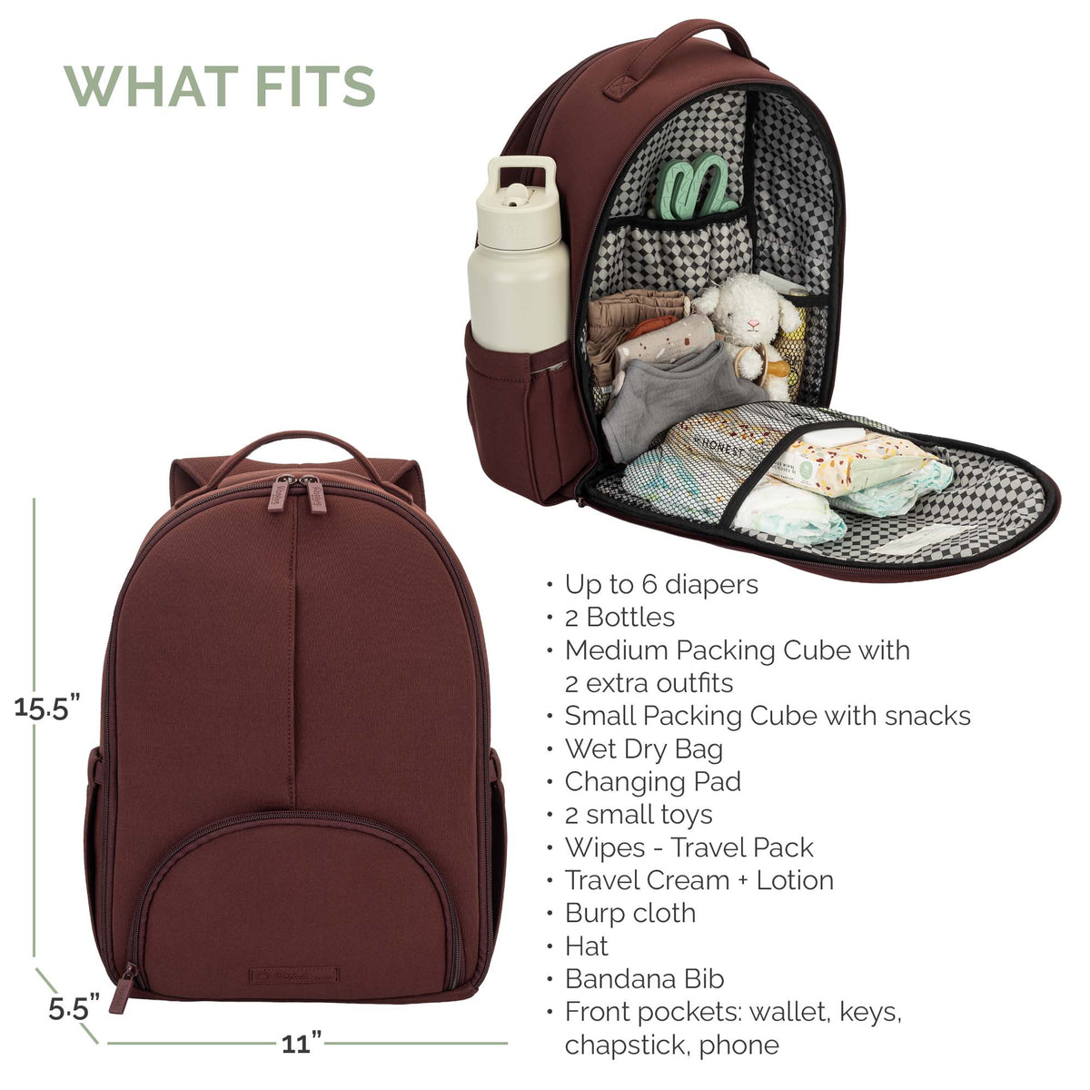 A burgundy diaper backpack shown from the front and back, with one view open to display storage capacity and a list of included items. The image includes dimension labels (15.
