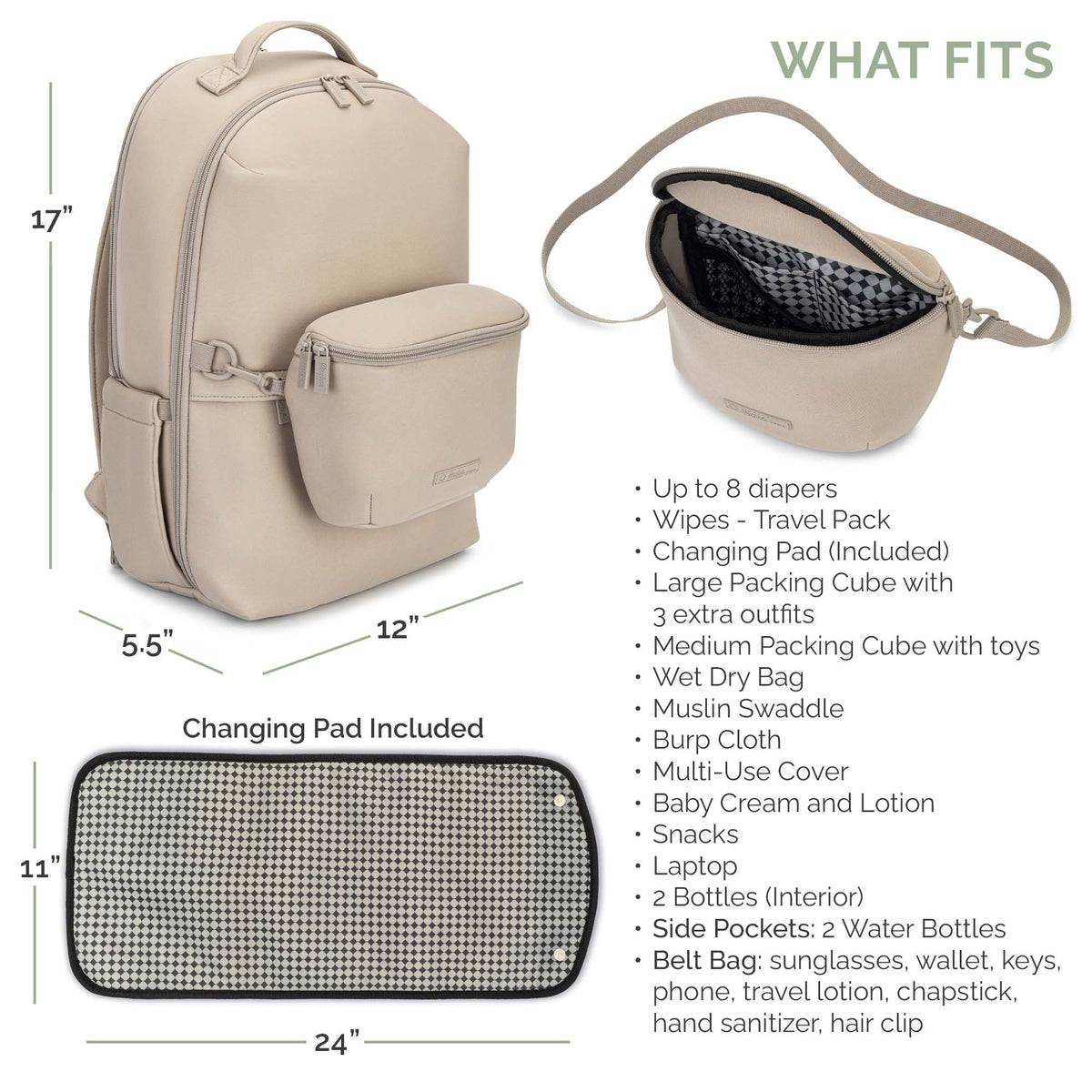 Beige diaper bag shown on a white background with dimension labels, a top-down fit guide showing included items, and a product features list. The bag has a large main compartment, a front zip pocket, and a separate changing pad shown separately.