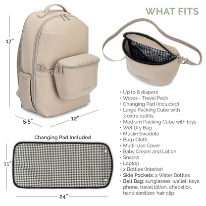 Beige diaper bag shown on a white background with dimension labels, a top-down fit guide showing included items, and a product features list. The bag has a large main compartment, a front zip pocket, and a separate changing pad shown separately.