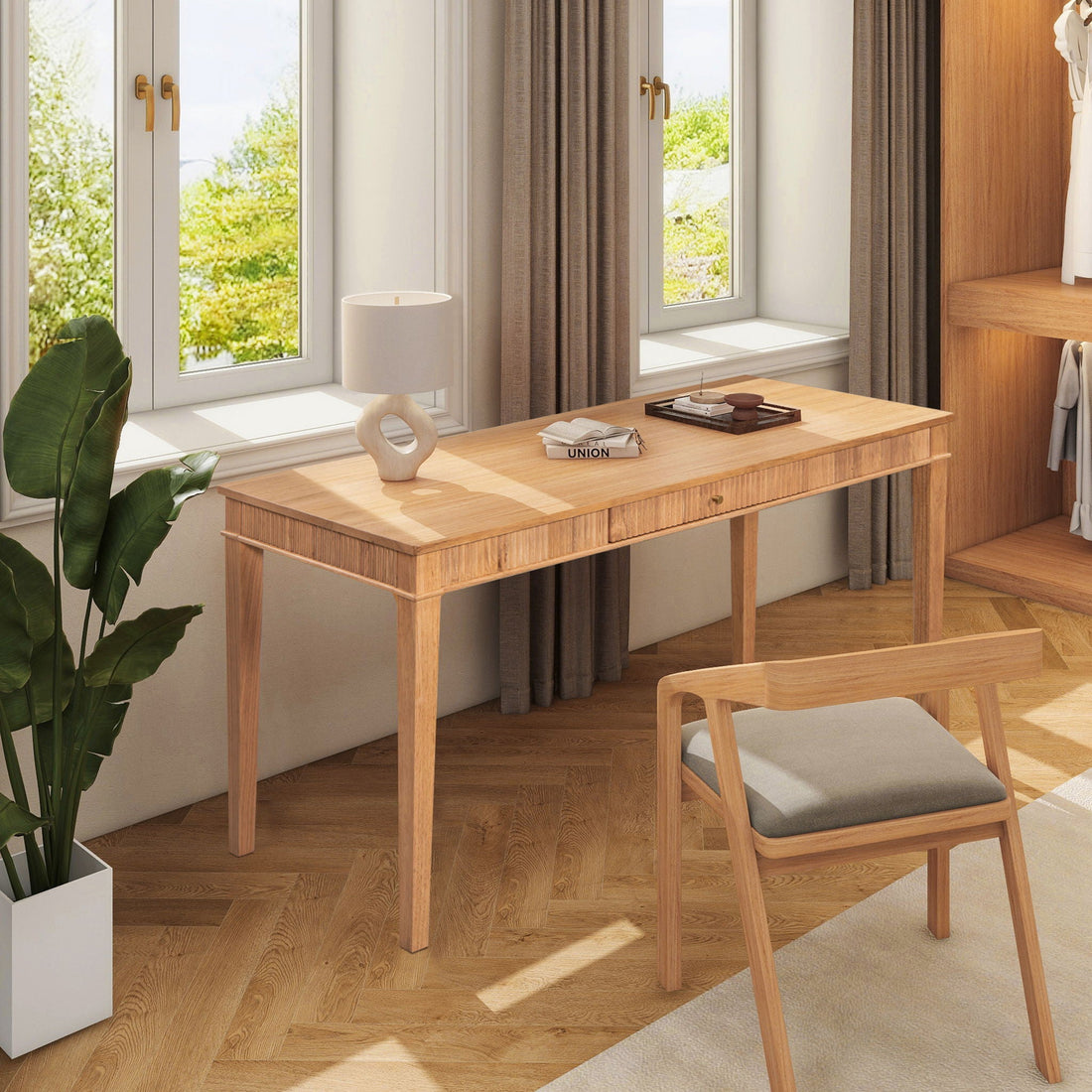 Dumont – Modern Farmhouse 1 Drawer Fluted Home Office Writing Desk – Natural Blonde – image 2