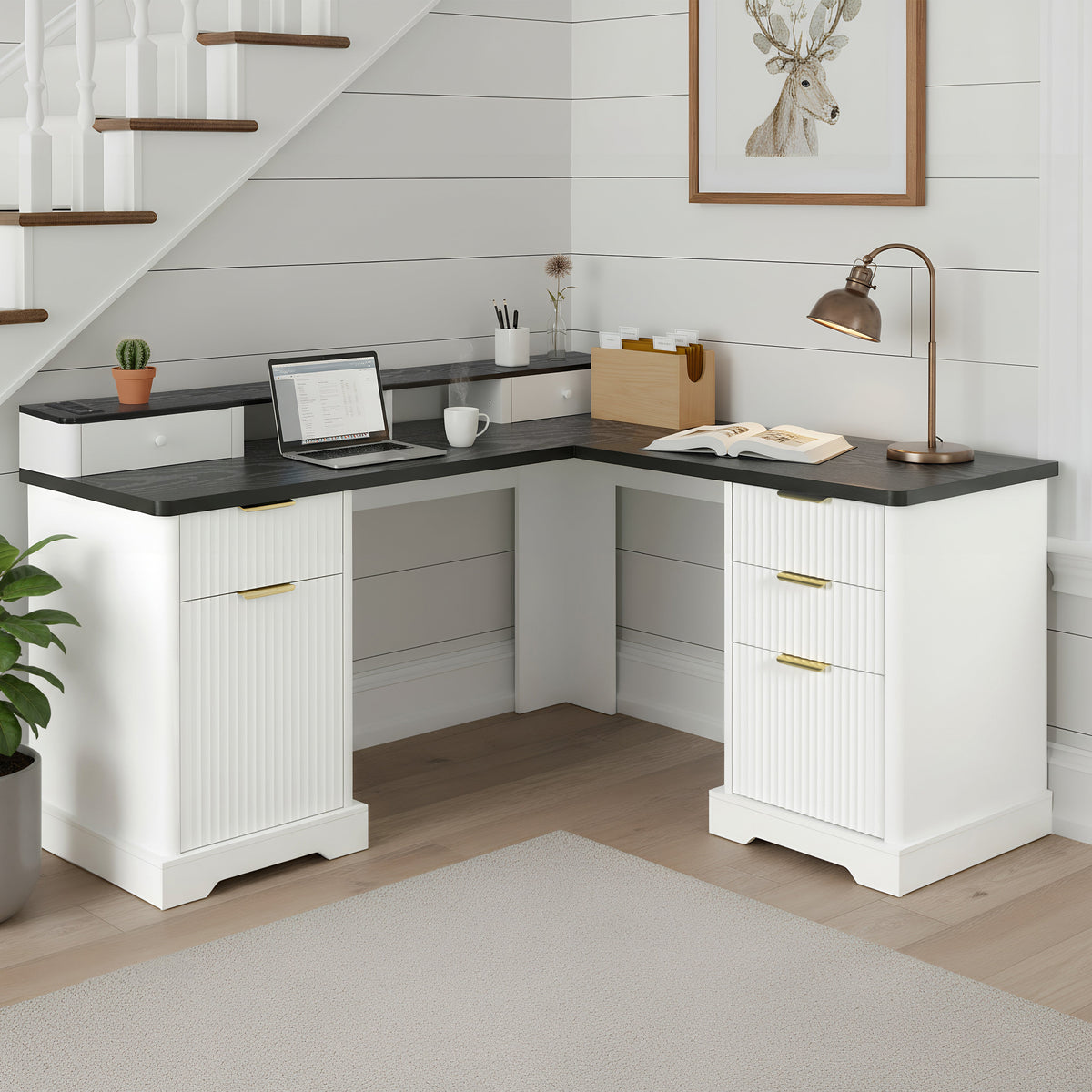 59" Modern Fluted L-Shaped Desk with Charging Station &amp; Storage