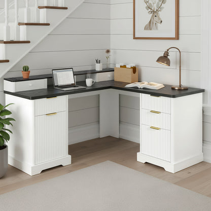 59" Modern Fluted L-Shaped Desk with Charging Station &amp; Storage