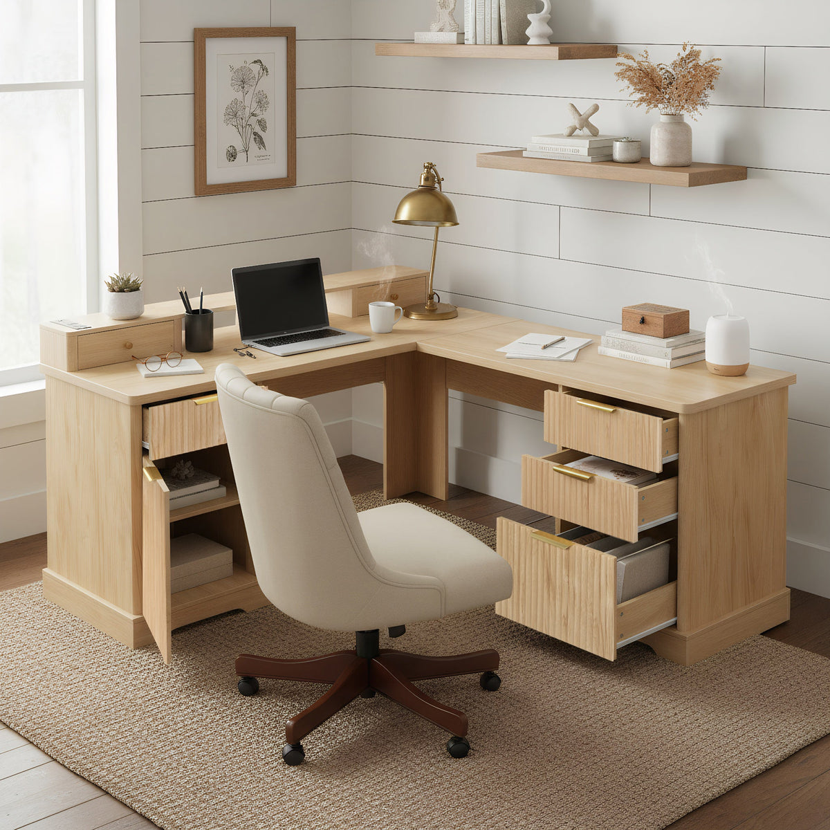 59" Modern Fluted L-Shaped Desk with Charging Station &amp; Storage