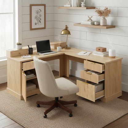 59" Modern Fluted L-Shaped Desk with Charging Station &amp; Storage