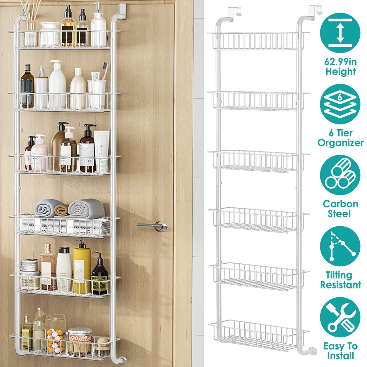 6 Tier Over Door Pantry Organizer Hanging Hooks Door Storage Rack Carbon Steel Basket 62.99in Over Door Shelf for Kitchen Bathroom