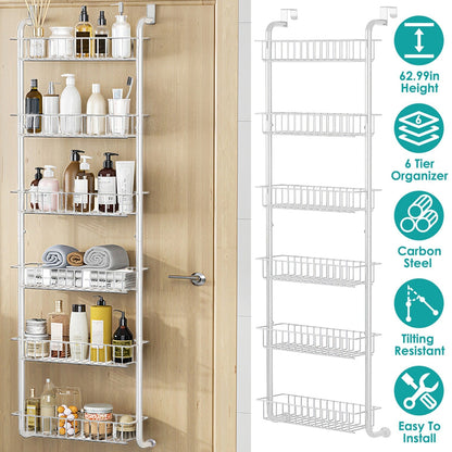 6 Tier Over Door Pantry Organizer Hanging Hooks Door Storage Rack Carbon Steel Basket 62.99in Over Door Shelf for Kitchen Bathroom