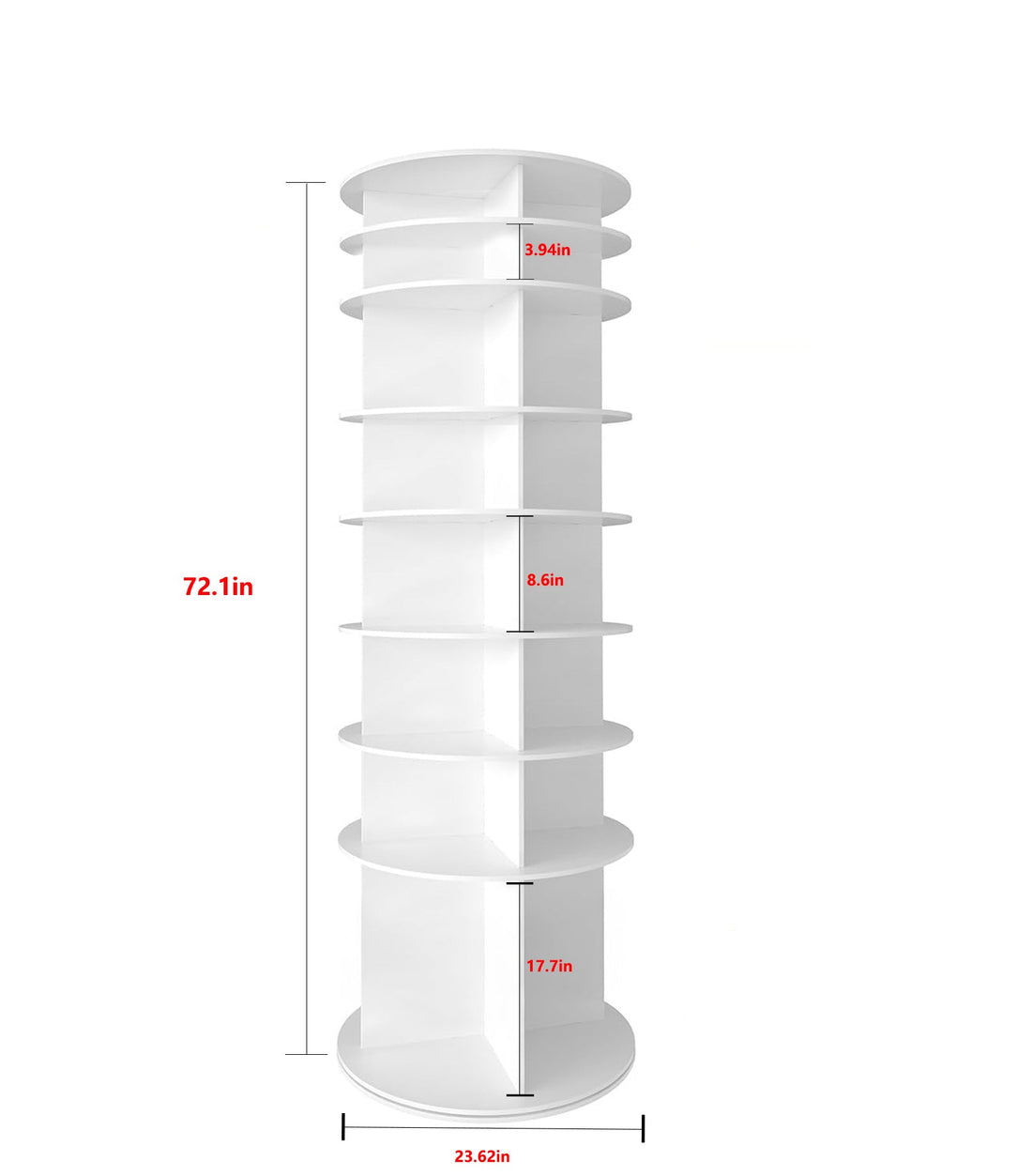 White cylindrical display tower with measurements on a white background