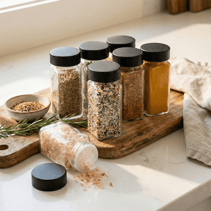 Glass Spice Jars with Black Plastic Lids - 24 PACK - Savvy &amp; Sorted