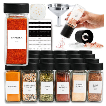 Glass Spice Jars with Black Plastic Lids - 24 PACK - Savvy &amp; Sorted