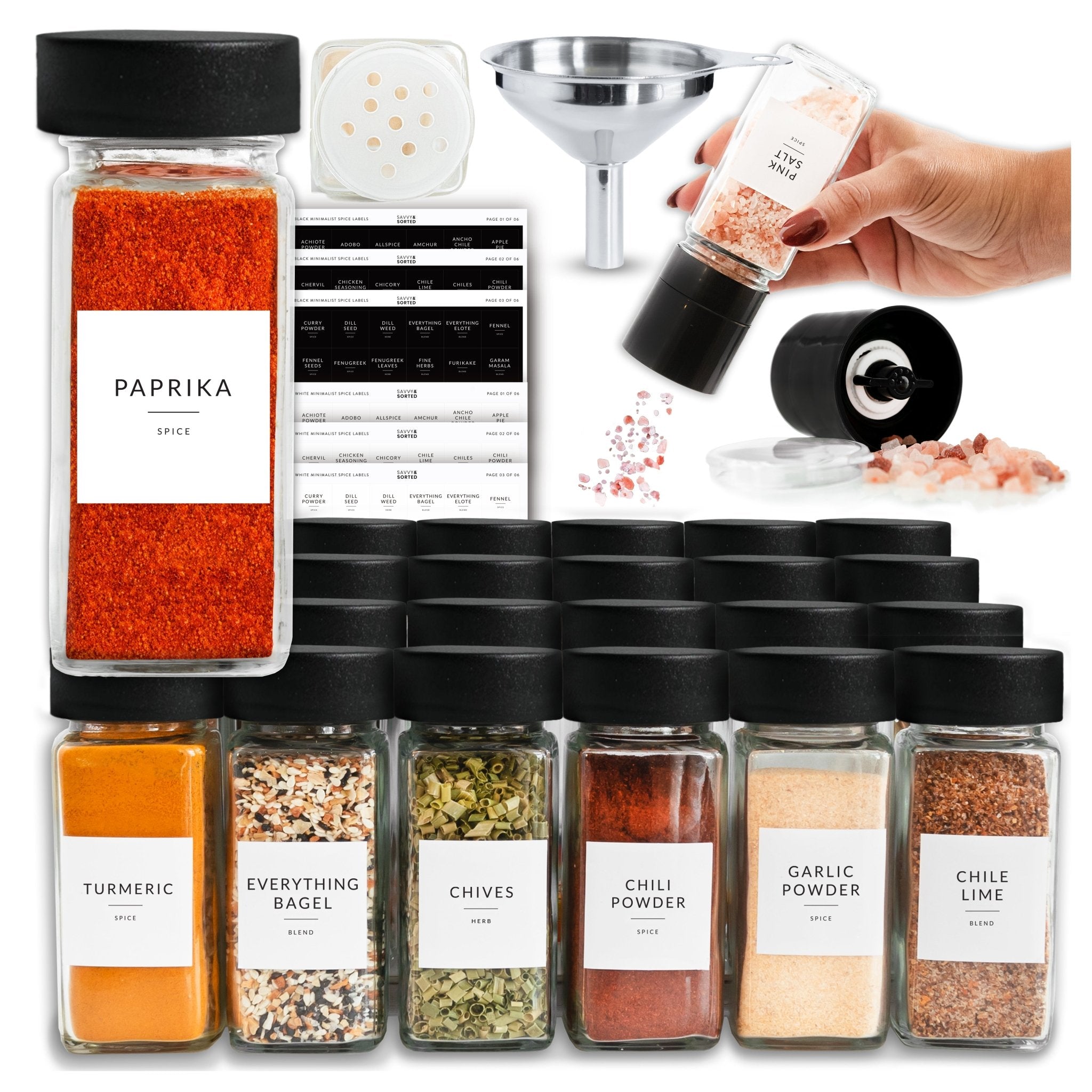 Glass Spice Jars with Black Plastic Lids - 24 PACK - Savvy &amp; Sorted