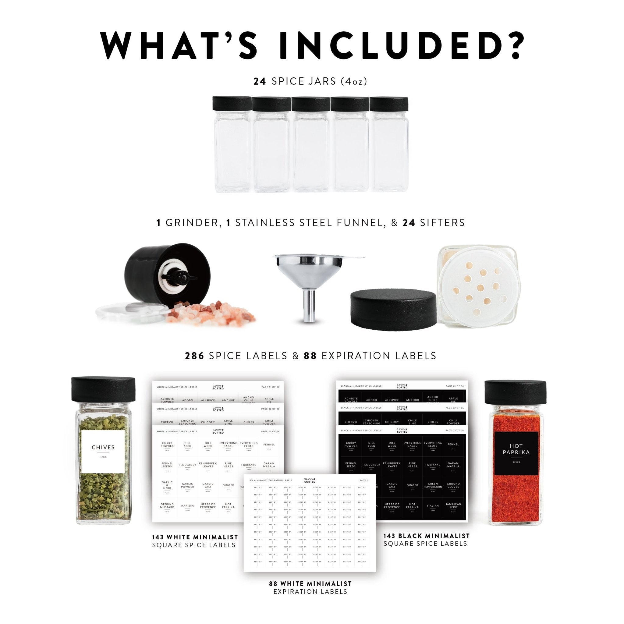 Glass Spice Jars with Black Plastic Lids - 24 PACK - Savvy &amp; Sorted