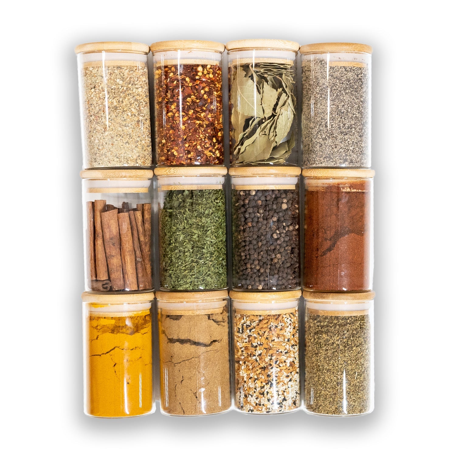 Glass Spice Jars with Natural Bamboo Lids - 12 PACK - Savvy & Sorted