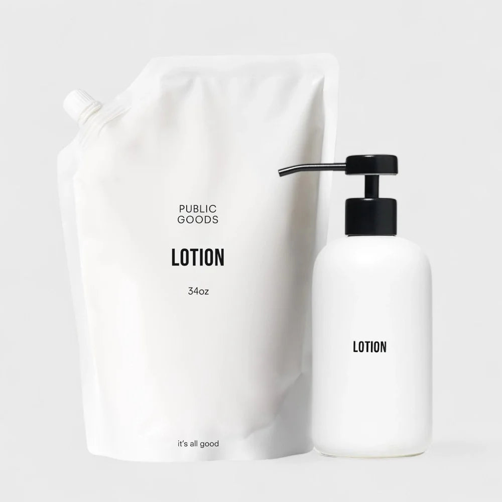 White lotion bottle with pump and pouch labeled &