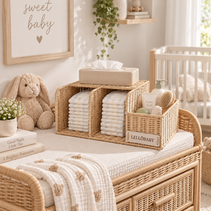 A styled nursery scene showing a woven wicker organizer set on a changing table. The set includes a large dual-compartment organizer holding folded diapers, a tissue box on top, and a smaller basket labeled &