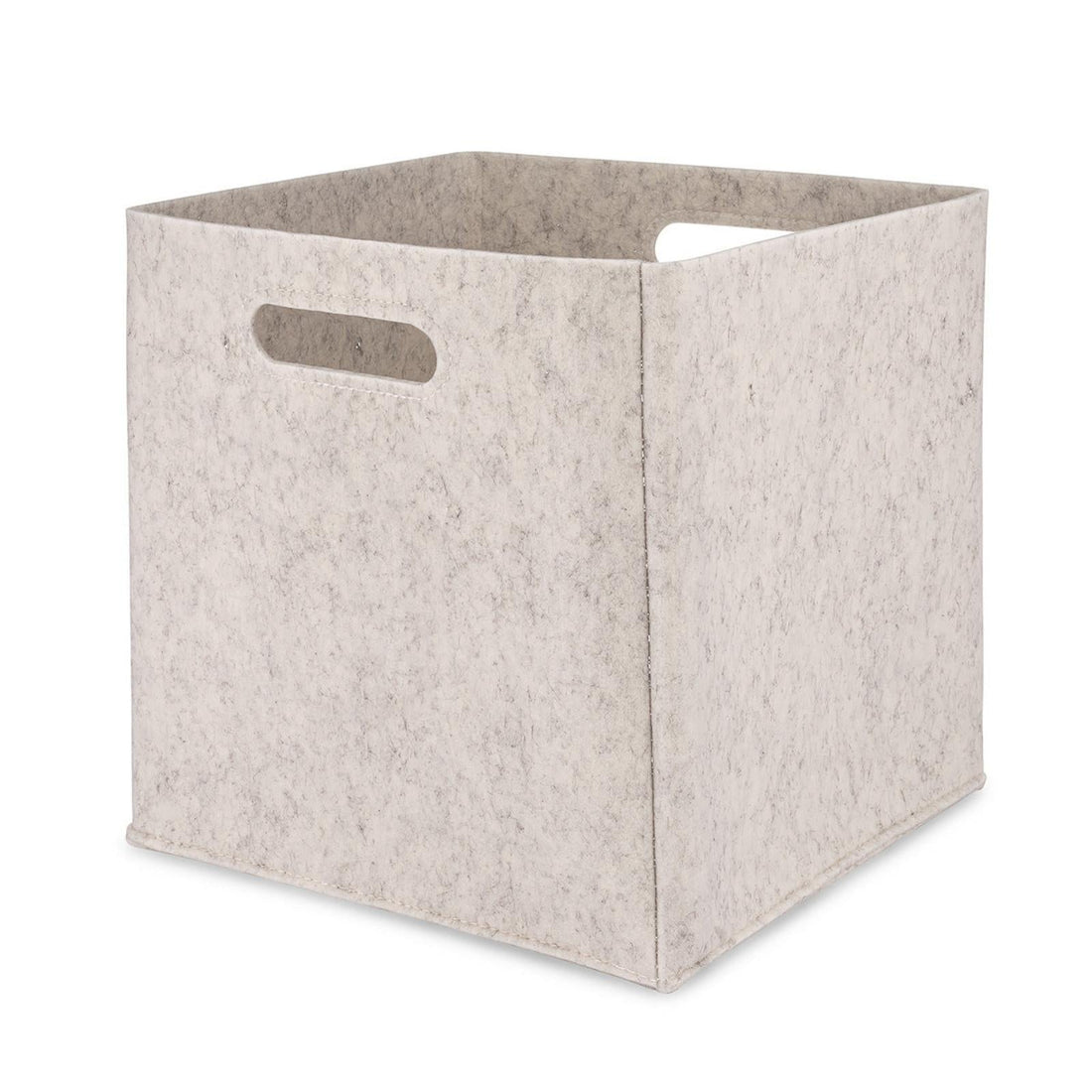 Beige fabric storage cube with a handle on a white background