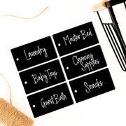 Black Acrylic Organizing Basket Tags with labels