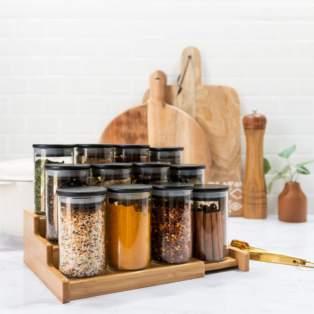 12 Black Bamboo Spice Jars - 8.5oz Large Spice Jars with Bamboo Lids - Seasoning Glass Jars with Airtight Lids - Spice Jars Black Lids Bamboo